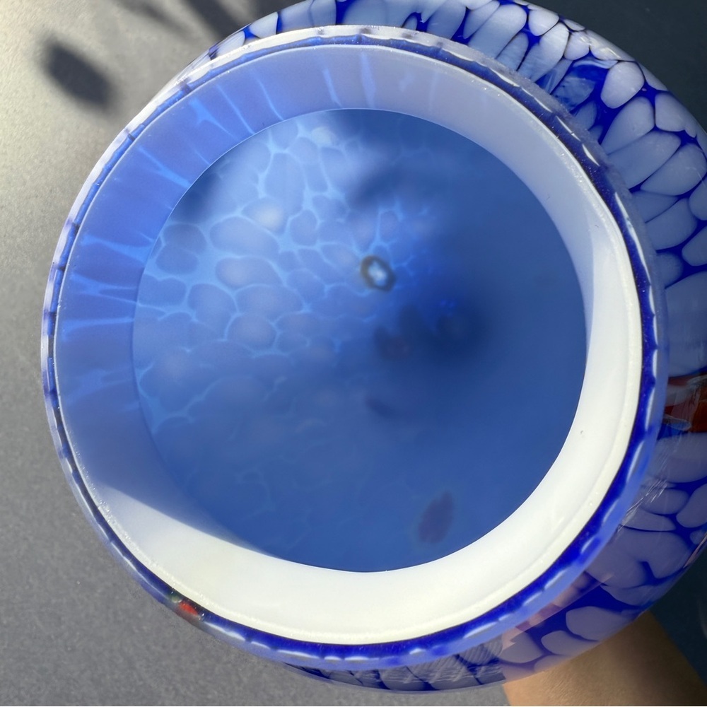 Italian Millefiori Blue and White Hand Blown Art Glass Vase or Light Cover - Picture 12 of 17